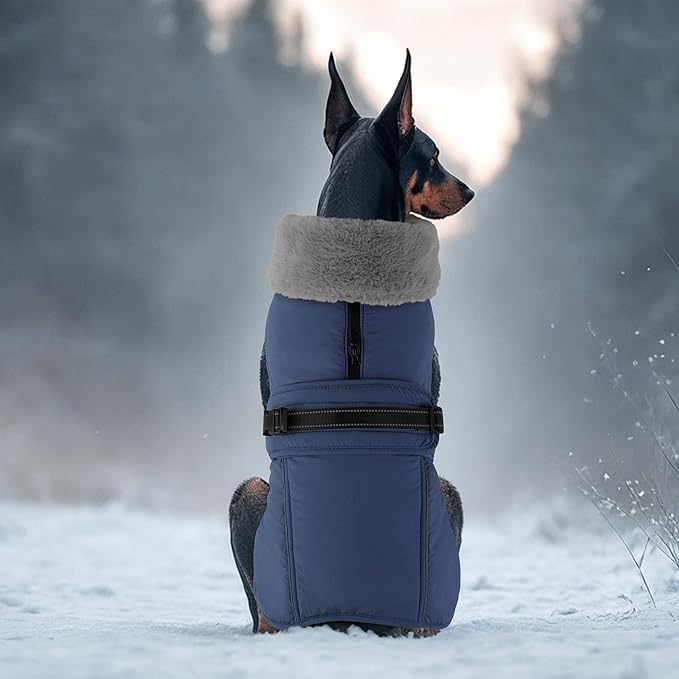 PETDSH Dog Coat Large, Windproof Dog Jacket with Warm Fleece Lining, Thickened Collar Dogs Winter Coat, Adjustable Reflective Pet Coats for Cold Weather (Navy Blue, XXX-Large)