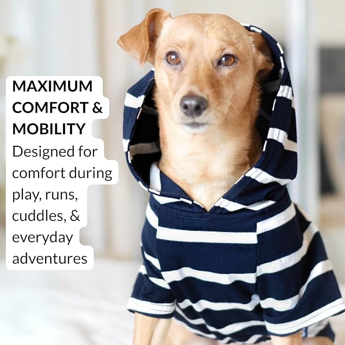 DJANGO Dog Hoodie – Warm, Lightweight, Soft & Stretchy Dog Sweater with Hood, Harness Hole & Elastic Waistband – Cozy Sweatshirt for Small Dogs up to 25 lbs, Dachshunds & Puppies – Navy Blue, Small