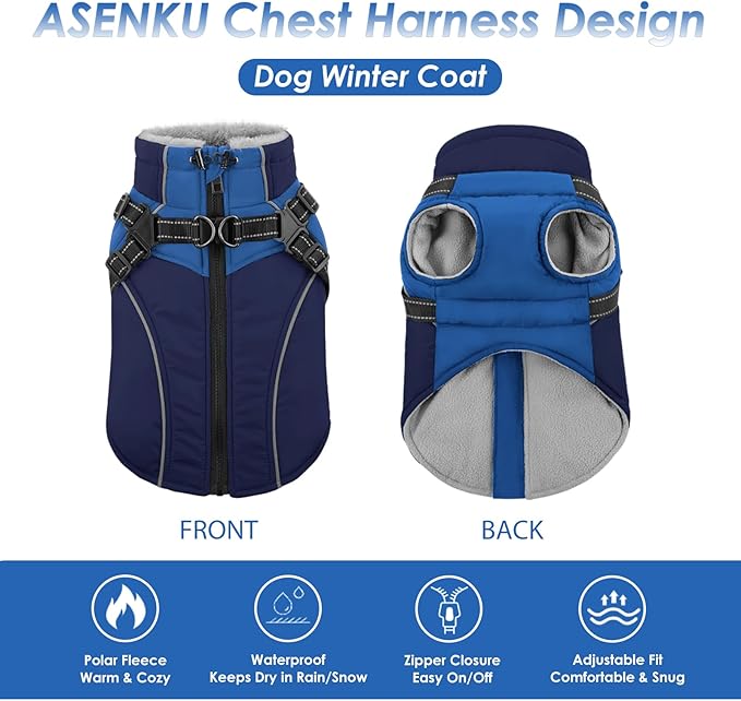 ASENKU Reflective Dog Coat with Built-in Harness, Windproof Fleece-Lined Dog Jacket for Small, Medium, Large Dogs, Warm Winter Vest with Turtleneck & Zipper (Navyblue M)
