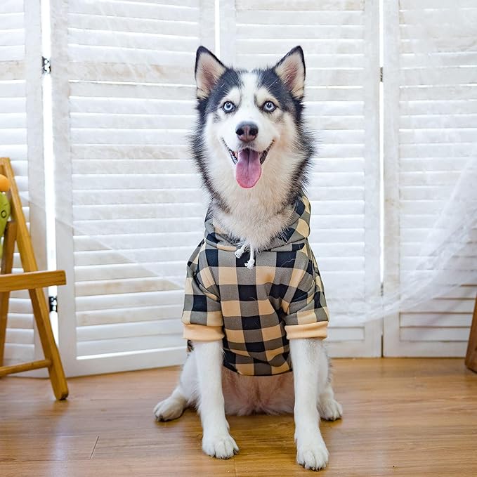 KOOLTAIL Plaid Dog Hoodie Pet Clothes Sweater with Hat and Pocket for Small Medium Large Size Dogs, Soft Winter Warm Dog Cold Weather Coat, Fleece Fall Dog Hooded Sweatshirt for Puppy Cats, Beige XL