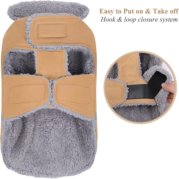 VIVAGLORY Frostfit Dog Coat, Dog Jacket for Winter & Cold Weather, Warm Fluffy Fleece Lined Water Resistant Reflective for Puppy, Coat with Velcro Fastening & Leash Hole, M+, Khaki