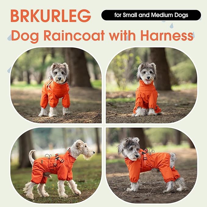 BRKURLEG Dog Raincoat for Small and Medium Dogs, Small Dog Rain Jacket with Harness Built in, Waterproof 4 Legs Pet Raincoats, Puppy Outdoor Jacket with Reflective Strip, Orange, XXXL