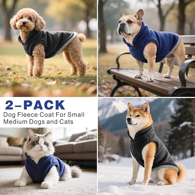 Idepet 2 Pack Dog Fleece Vest Sweater Warm Pullover Jacket with D-Ring Leash Reflective Winter Coat Hoodie for Puppy Cat French Bulldog Pug Chihuahuas Yorkies Dachshunds(Black&Blue,Medium)