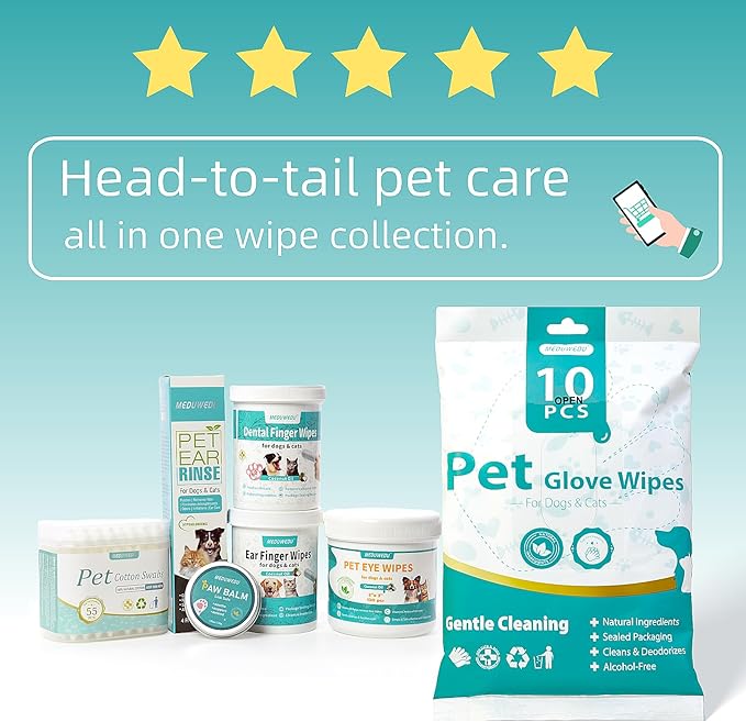 Wider Ear Cleaner Finger Wipes 60 Counts, Dog Ear Cleaner, Grooming Kit Care for Dogs and Cats,Otic Cleaning Pads, Remove Wax, Dirt & Stop Smelly, Itchy, Non-Irritating, Unscented
