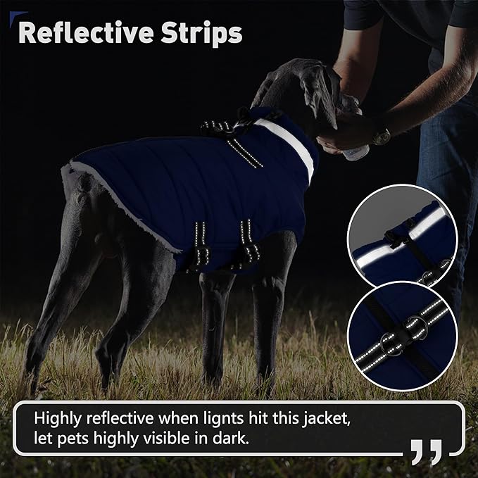 Dogcheer Dog Coat, Waterproof Dog Jacket with Harness, Reflective Adjustable Puppy Winter Coat with Zipper, Christmas Snow Jacket Clothes for Small Medium Large Dogs - Blue 2XL