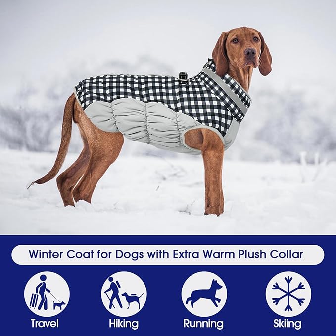 FUAMEY Dog Coat for Small Dogs,Waterproof Dog Winter Jacket with Harness Built in Puppy Cold Weather Coats Reflective Pet Vest with Zipper Warm Fleece Dogs Snowsuit Windproof Checkerboard S