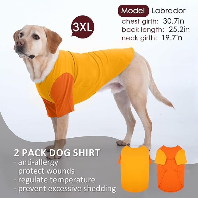 2 Pack Large Dog T-Shirts 3XL - Breathable Durable Cotton Shirt, Shedding Control Protect Skin Dogs Clothes for Husky, Labrador, Summer Hot Day Sleep, Walk, Sea, Park Play, Camping, Orange