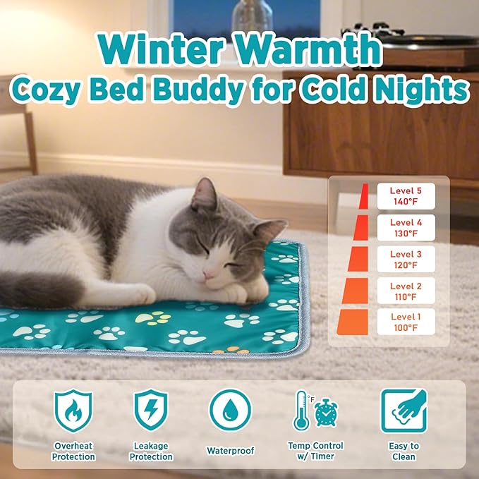 furrybaby Pet Heating Pad, Waterproof Dog Heating Pad Mat for Cat with Durable Anti-Bite Tube Indoor for Puppies Dogs Cats (1 Pack Green, 17 X 17in, Temp Adjustable)