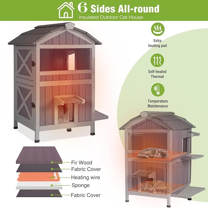 GUTINNEEN 2-Story Heated Cat House for Outside Large Insulated Cat House Outdoor Weatherproof Feral Cat Shelter with Heated Pad, Insulated All-Round Thermal Liner for 1-4 Cats