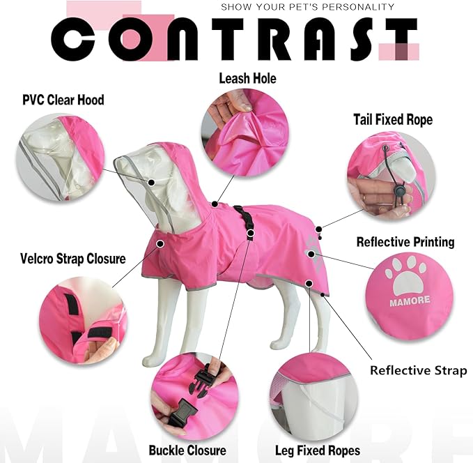 MAMORE Dog Raincoat Hooded Rain Jacket for Small Medium Large Dogs Slicker Poncho Bottom Waterproof Adjustable Reflective Breathable Leash Hole (Pink, XXX-Large)