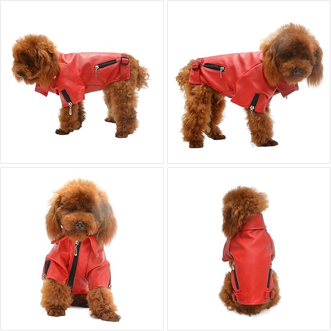 Lovelonglong Cool Dog Leather Jacket, Warm Coats Dogs Windproof Cold Weather Coats for Large Medium Small Dogs, Miniature Schnauzers Clothing Red L