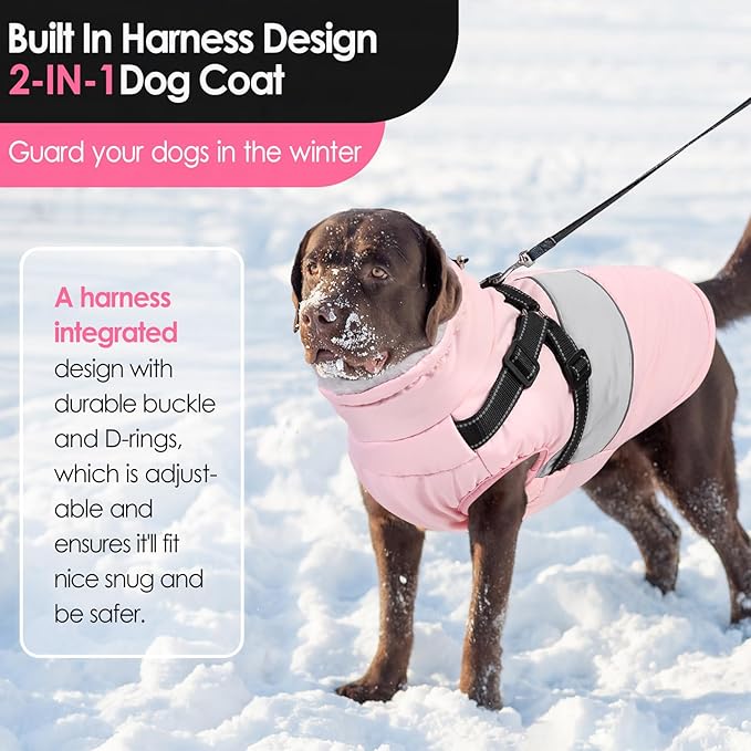 AOFITEE Dog Coat, Large Dog Jacket, Dogs Coat with Harness Built in, Reflective Waterproof Dogs Jackets Winter with Furry Collar, Warm Polar Fleece Pet Sweater Snowsuit for Doberman, Great Dane, XXL