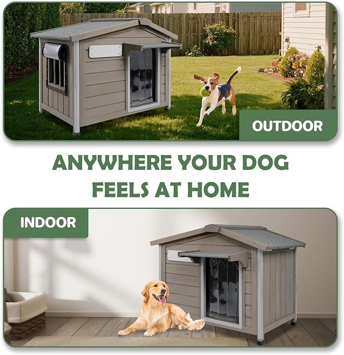 40'' L Large Dog House Outdoor Indoor, Wooden Dog Houses with Waterproof Roof, Door Curtain, Anti-Chewing Frame, Elevated Doghouse Shelter Bed Kennel with Window, Openable Roof