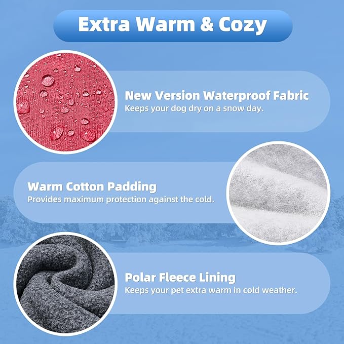 SlowTon Winter Dog Coat, Warm Polar Fleece Lining Doggie Outdoor Jacket with Turtleneck Scarf Reflective Stripe Adjustable Waterproof Windproof Puppy Vest Soft Pet Outfits (L+,Red)