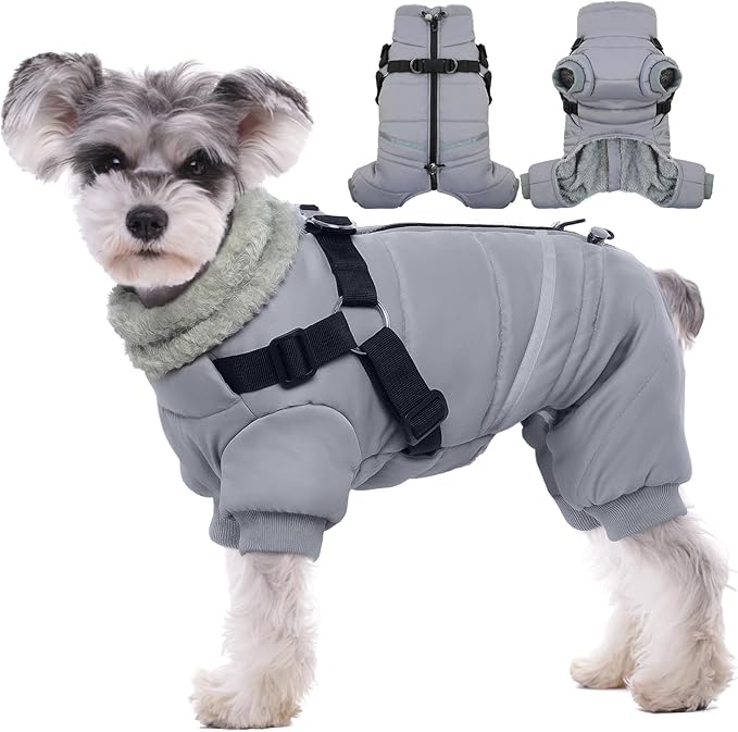 BRKURLEG Grey Dog Winter Coat, Cozy Winter Dog Jackets, Small Medium Dogs Coat with Harness, Onesie Body Warm Puppy Christmas Jacket, Pet Cold Weather Jackets, Puppy Four-Legged Puffer Coats, XXL