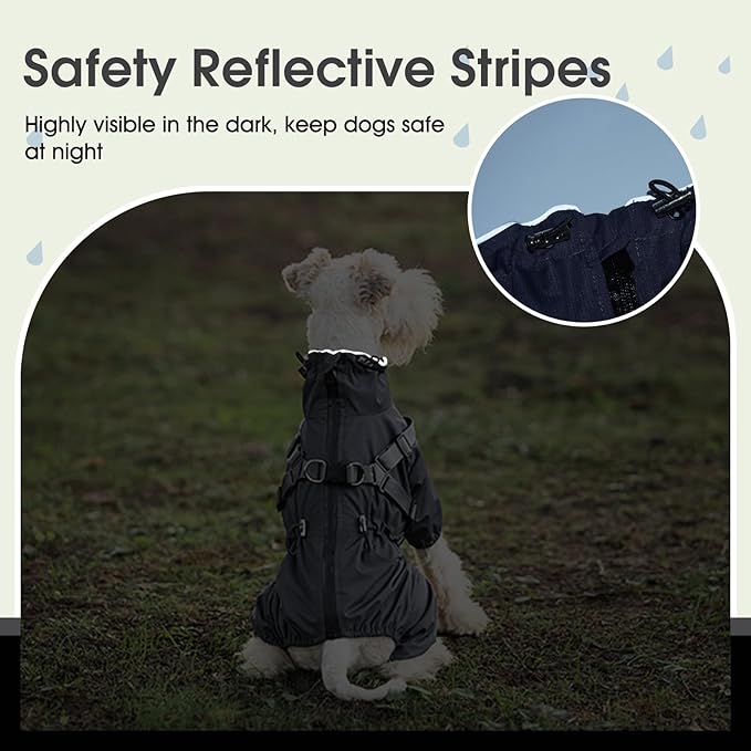 BRKURLEG Dog Raincoat with Harness for Small and Medium Dogs, Adjustable Waterproof Dog Rain Jacket, Reflective Rainproof Puppy 4 Legs Raincoat, Full Body Pet Rain Jacket, Dark Grey, XXXL
