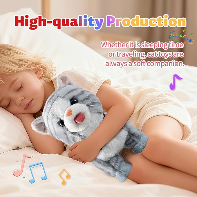 Gray Leash Walking Cat Set Interactive Talking Cat Singing Dancing Kitten Mimicking Repeat What You Say Kitty Touch and Voice Control Nodding Wagging Tail Plush Electric Kitty for Kid Gril