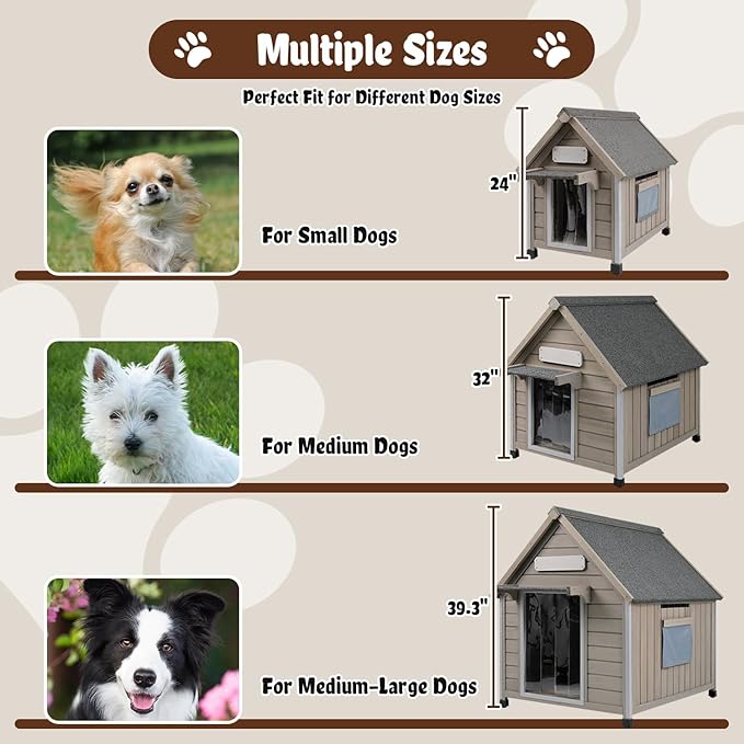 Wooden Outdoor Dog House for Small Dogs, Weatherproof Pet Shelter with Reinforced Frame, Ventilated Window, PVC Door Flap, and Nameplate,18" L x 25" W x 24" H
