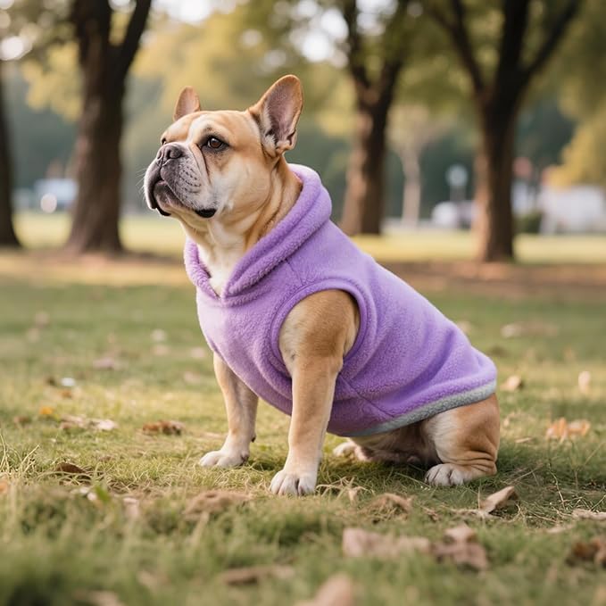 Idepet 2 Pack Dog Fleece Vest Sweater Warm Pullover Jacket with D-Ring Leash Reflective Winter Coat Hoodie for French Bulldog Pug Chihuahuas Yorkies Dachshunds(Purple&Pink,XX-Large-French Bulldog)