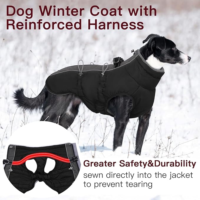 Dog Winter Jacket - XX Large, Warm Zip Up Snowsuit Dog Harness Vest, Reflective, Water-Resistant, Black