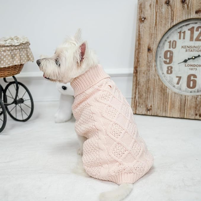 Mihachi Turtleneck Dog Sweater - Winter Coat Apparel Classic Cable Knit Clothes with Leash Hole for Cold Weather, Ideal Gift for Pet in New Year Rosy Small/Medium