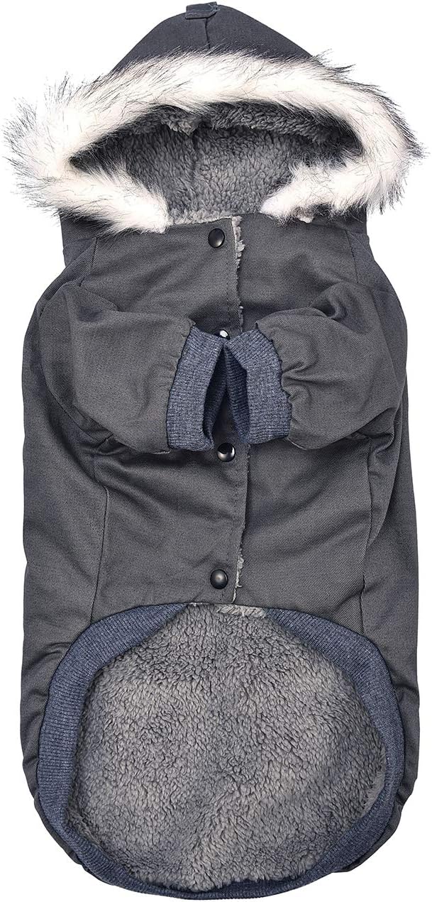 Warm Dog Hooded Trench Coat Windproof Parka Jacket for Cold Weather (L, Black Grey)