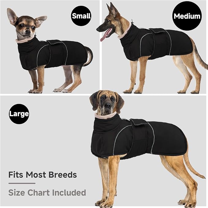 Dog Winter Coat for Small to Large Dogs(XS-XXXL)– Waterproof Windproof Fleece Lined Jacket with Reflective Trim,Pet Vest with Adjustable Buckles, Machine Washable Black S