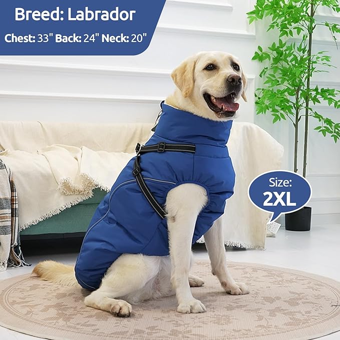 Dog Winter Coat with Harness Built in Warm Puffer Dog Jackets for Small Medium Large Dogs Windproof Waterproof Outfit with Plush Lining and Reflective Stripes (Blue, 2XL)