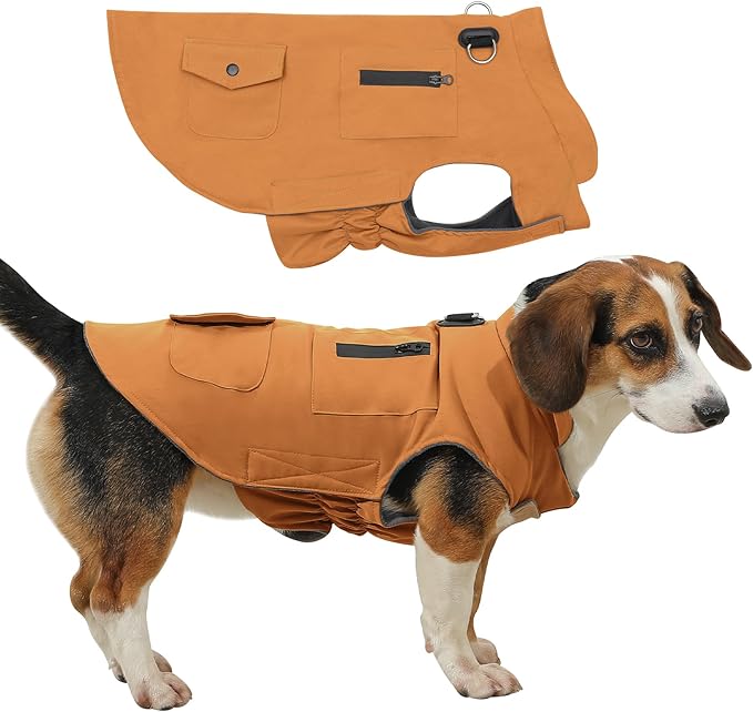Workwear Style Dog Coats with Harness Built in for Small Dogs Windproof Warm Puppy Jacket with Storage Pockets for Cold Winter,BrightBeige M