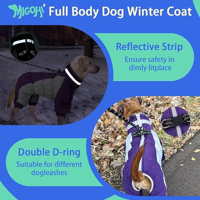 MIGOHI Full Body Dog Coat - Warm Reflective Large Dog Winter Coat with Harness,Turtleneck Fleece Jacket for Dogs,Four-Leg Windproof Puffer Jackets Snowsuit with Zipper for Small Medium Large Dogs,3XL