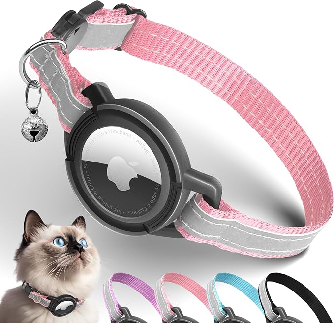 Airtag Cat Collar Breakaway, Odokele Reflective Cats Collars with Apple Air Tag Holder for Kitten, Cat GPS Tracker Adjustable Collars with Safety Quick Release Buckle for Kitties and Puppies - Pink