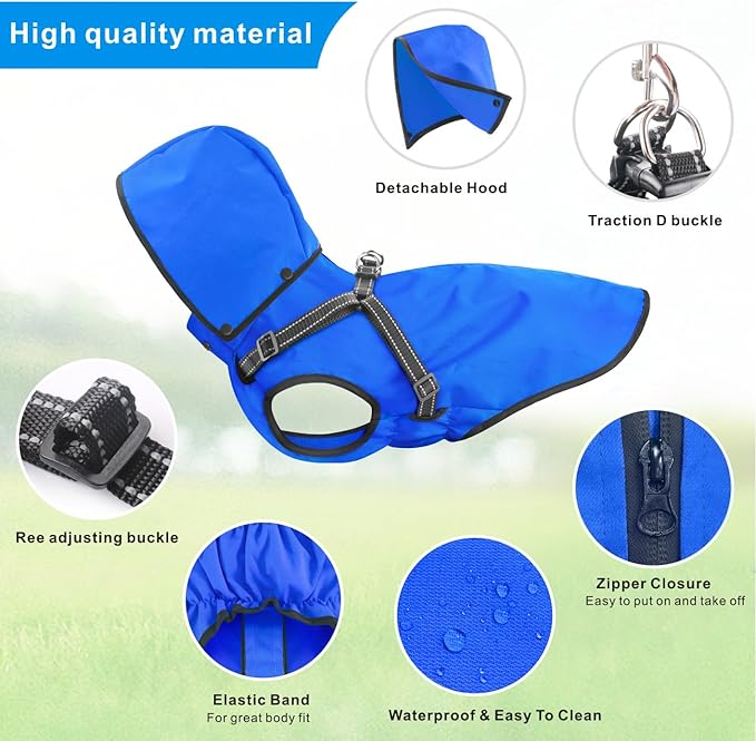 Mosucoirl Dog Raincoat Waterproof Dog Hoodie Reflective Doggie Raincoat Hooded Adjustable Rain Jacket for Small Medium Large Dogs Puppies Doggie Black Red Yellow Green (Blue, L)
