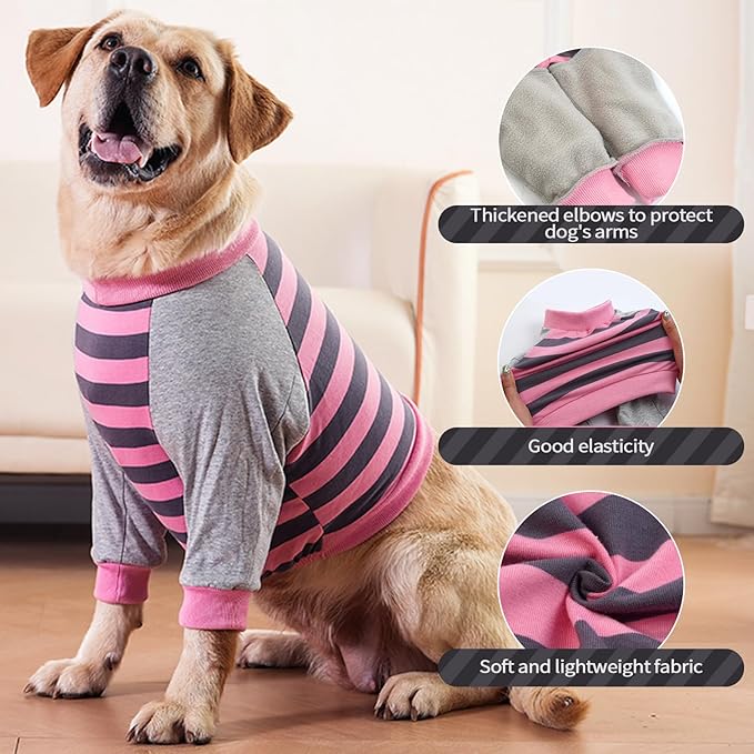 FUAMEY Dog Recovery Sleeve with Elbow Protector,Dogs Shirt Stop Licking Joints,Pet Long Sleeve Suit Protecting Dog's Front Leg Arm Wounds Cover Skin Conditions Pink Stripes L