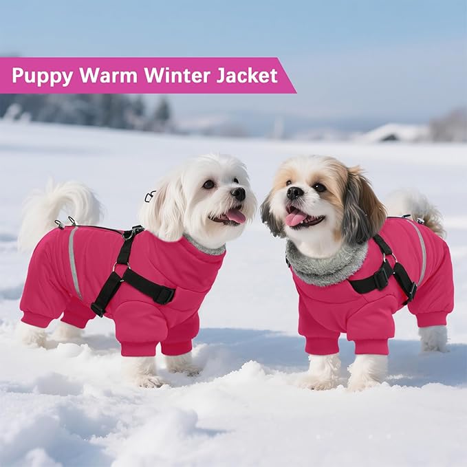 BRKURLEG Dog Winter Coat with Harness Built in, Winter Dog Jacket for Small and Medium Dogs, Small Dogs Snowsuit Reflective Windproof Cold Weather Coat, Puppy Warm Fleece Coats, Hot Pink, XXL