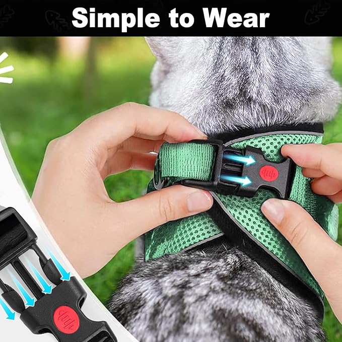 Cat Harness and Leash for Walking, Retractable Cat Harnesses and Leash Set Escape Proof, Breathable Soft Kitten Small Large Harness for Travel Training and Walking, Green, M