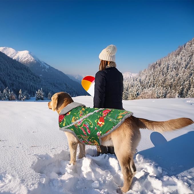 VIVAGLORY Snowrap Dog Coat, Jacket with Harness Hole & Velcro Closure, Dog Coat for Winter & Cold Weather, Fluffy Warm Fleece Lined Reflective Water Resistant for Puppy, L, Northeast Florals-Green