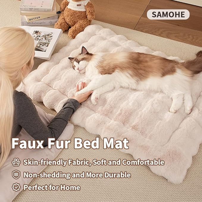 Cat Beds for Indoor Cats Faux Fur Pet Pad Mat Plush Kitten Bed with Non-Slip Bottom for Carriers/Couch Dog & Puppy Friendly 35 x 27 Inch X-Large White