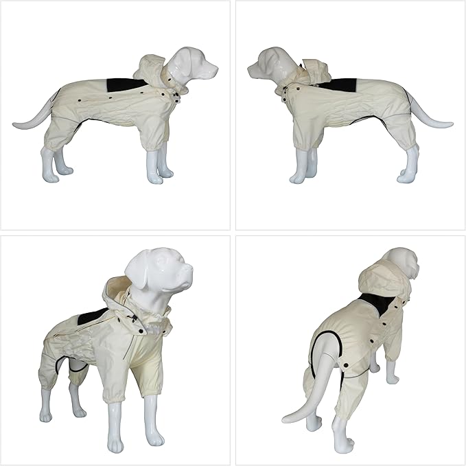 LOVELONGLONG Waterproof Dog Raincoat with Removable Hood – Outdoor Full Body Dog Jacket, Windproof Snowproof Shell Suit – All Season Pet Rain Gear Ivory 4XL