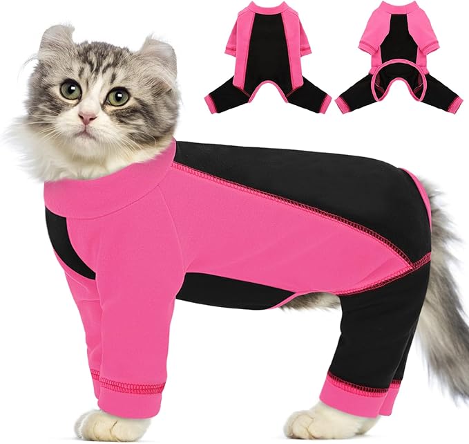 SUNFURA Hair Sticky Cat Clothes, Cat Sweater for Cats Only, 4-Legged Fleece Sweaters Kitten Pajamas Reduce Shedding Fur, Warm Pullover Shirts for Cats, Pink XL