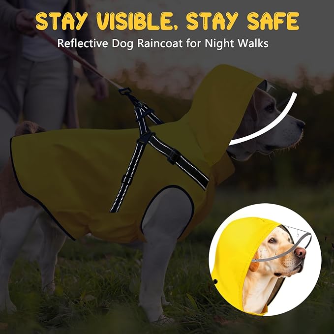 Dog Raincoat: Dog Rain Jacket with Reflective Harness & Removable Hood | Waterproof Dogs Rain Coat Poncho for Large Medium Small Dogs Puppies (Yellow - M)