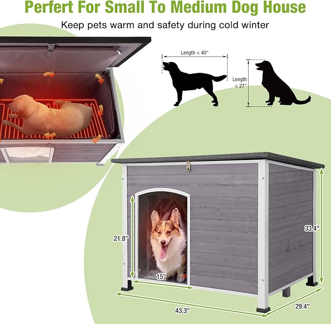 GUTINNEEN Heated Dog House Outdoor 43.3" Large Dog Kennel with Metal Frame Insulated Dog Crate Cage for Large Dogs Outside with Heater and Insulated Liner, Grey