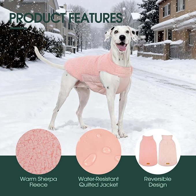 Kuoser Reversible Dog Coat – Warm Fleece & Quilted Waterproof Dog Jacket, Double-Sided Cold Weather Dogs Winter Coat with Harness Hole, Windproof Pet Snow Vest for Small Medium Large Dogs, Pink XS