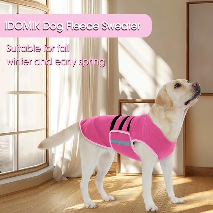 IDOMIK Warm Fleece Dog Sweater for Medium Dogs,Soft Winter Dog Fleece Jacket Coat for Fall Cold Weather,Adjustable Fleeced Vest with Reflective Strips,Pullover Pet Sweatshirt for Girl Boy Dogs,Rose,M