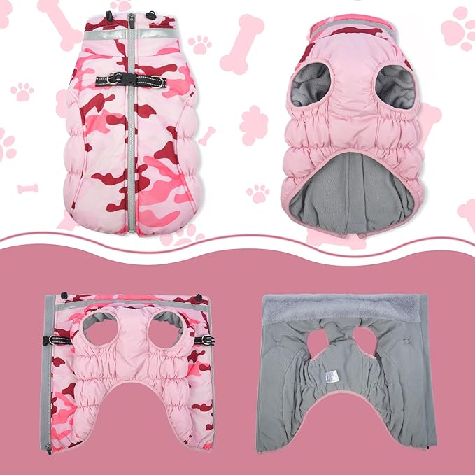Lelepet Warm Dog Winter Coat Dog Coats for Large Dogs Waterproof Dogs Jacket with Harness Built in Reflective Cold Weather Coats Zip-Up Winter Fleece Vest Snowsuit Boston Terrier Pink Camo L