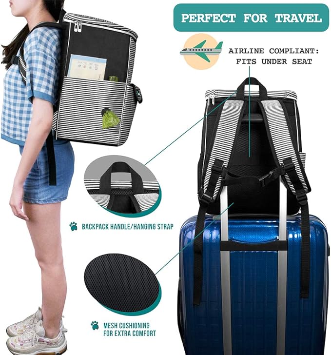 PetAmi Dog Travel Bag Backpack, Airline Approved Dog Bags for Traveling, Puppy Diaper Bag Supplies, Pet Camping Essentials Hiking Accessories Gift, Food Container, Collapsible Bowls, Stripe Black