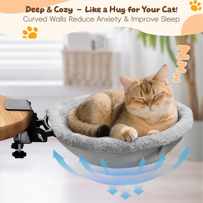 L&W BROS.Cat Desk Bed – Supports Up to 50 lbs, Removable Machine-Washable Plush Cover, Comfortable Cat Perch for Indoor, Space-Saving Foldable Design Cat Bed for Gaming Desks, Home Office