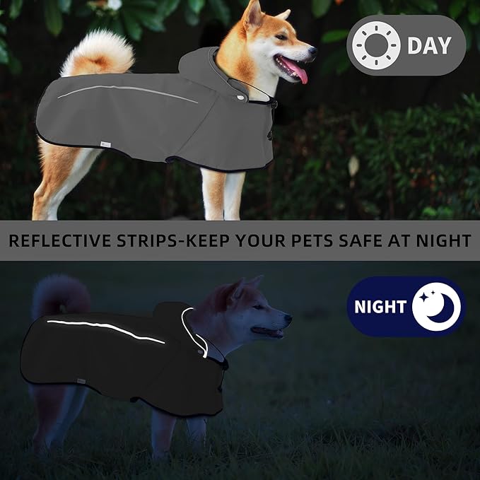Mile High Life Dog Raincoat, Adjustable Waterproof Pet Rain Jacket, Reflective Hooded Poncho for Small Medium Large Dogs, Lightweight Breathable Pet Rain Coat (Dark Gray,L Chest 26"-33")