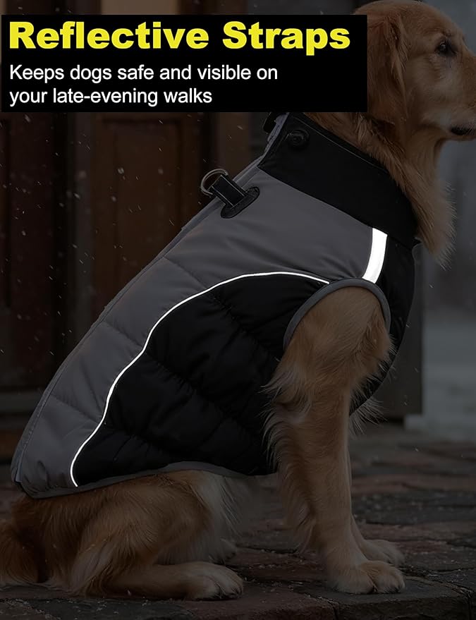 AURUZA Dog Coat, Warm Dog Winter Coat Waterproof Small Dogs Jacket with Harness Built Reflective Pet Vest with Zipper for Medium Dogs Windproof Pet Fleece Vest Snow Jacket for Cold Weather（Black,XXL）