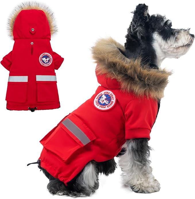 PINA Small Dog Coats - Waterproof, Warm Winter Jacket with Faux Fur Hood, Windproof Reflective, Flannel Lining