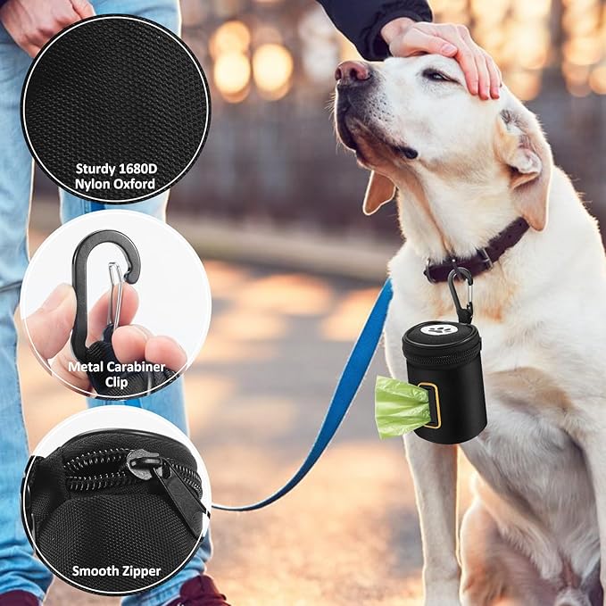 Dog Poop Bag Holder for Leash - Doggy Poop Waste Bag Dispenser Zipper Pouch with Carabiner Clip, 1680D Nylon Oxford Poop Bag Dispenser for Leashes Doggy Poop Bag Holder for Travel, Dog Walking, Park